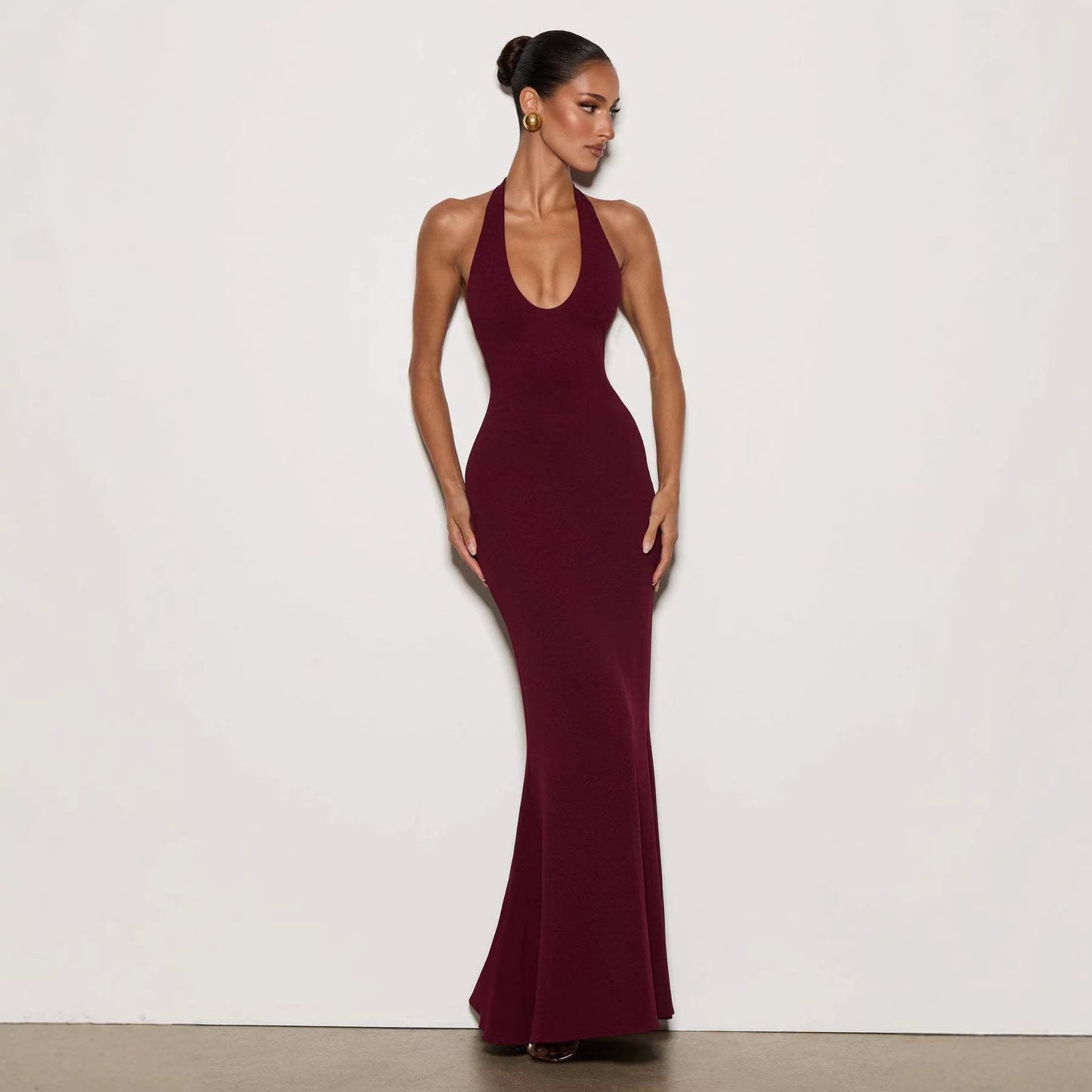 Damen Elegantes Bodenkleid V-Ausschnitt Figurbetonter Stoff