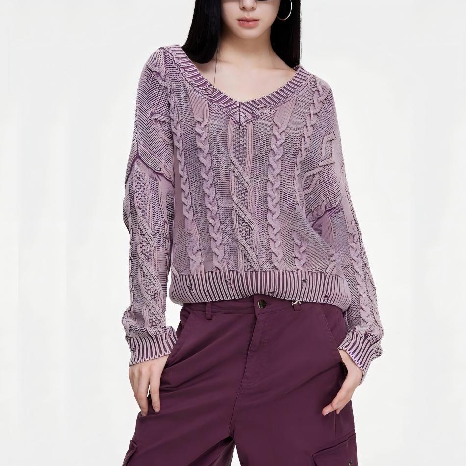 Damen Grobstrickpullover V-Ausschnitt Zopfmuster Norvielle