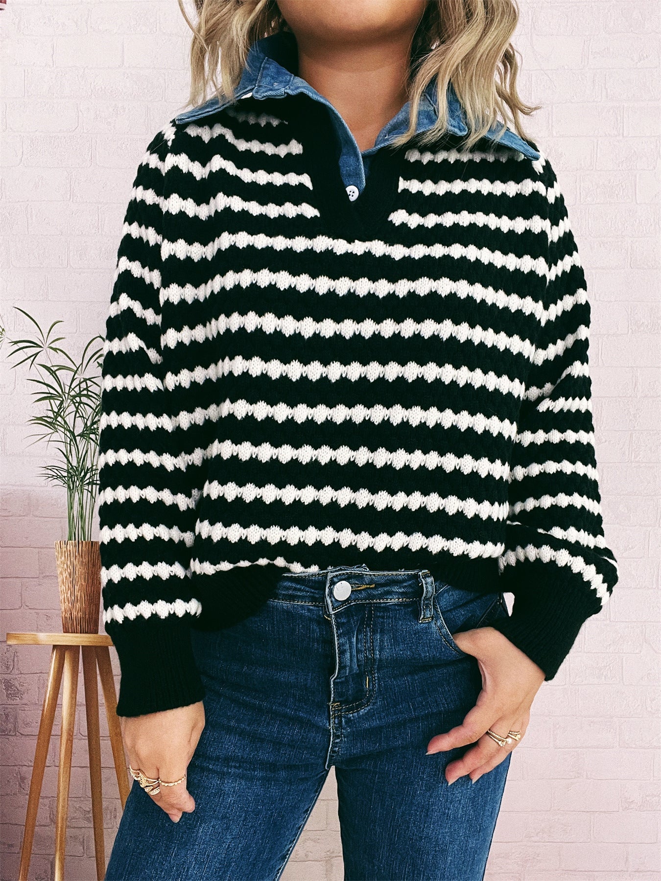 Damen Strickpullover V-Ausschnitt Streifenmuster