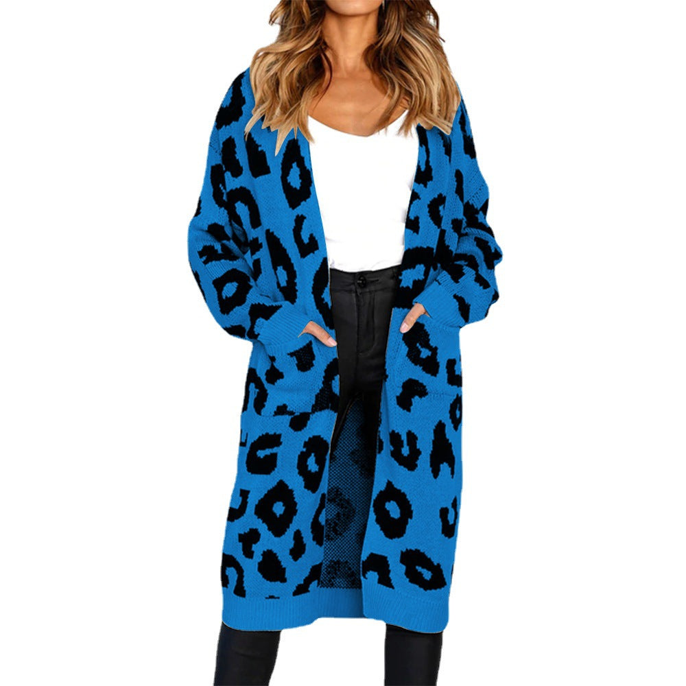 Damen Cardigan Grobstrick Animal-Print mit Taschen