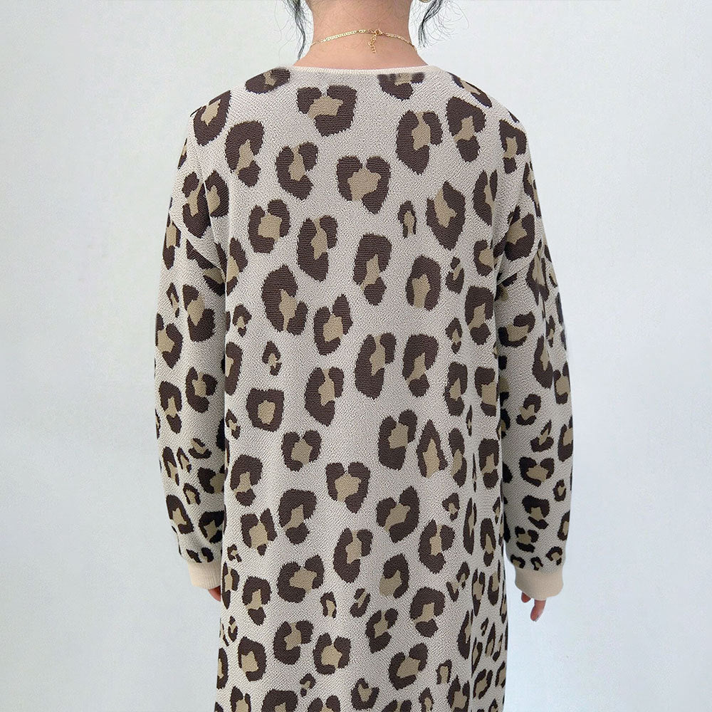Damen Cardigan Leopardenmuster Baumwolle Mit Taschen Beige