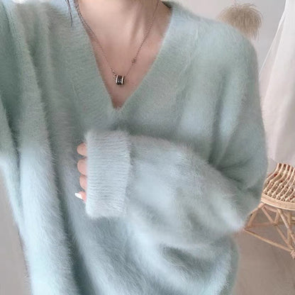 Damen Mohair Pullover Flauschig V-Ausschnitt Beige - Norvielle