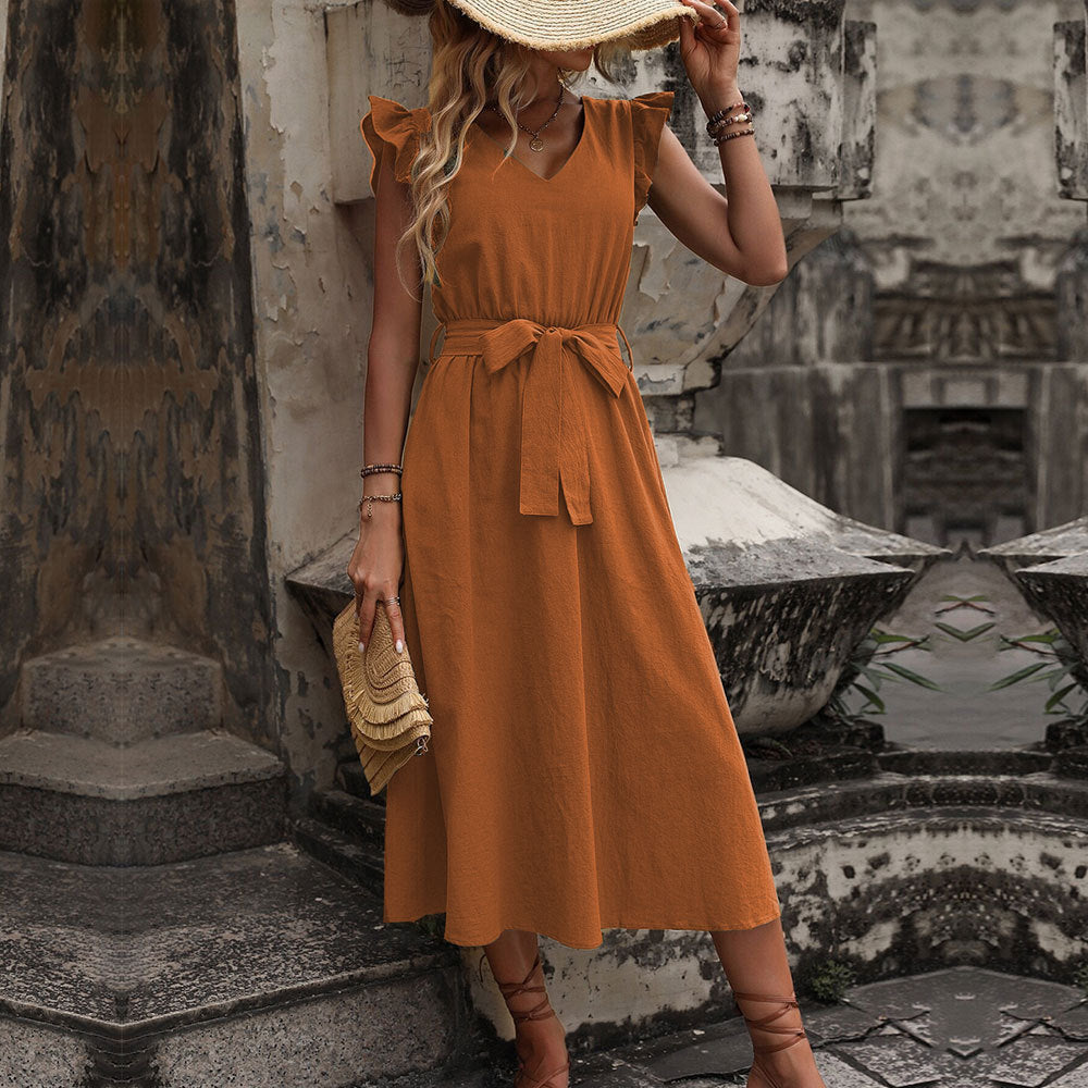 Damen Maxikleid V-Ausschnitt Taillengürtel Norvielle - Norvielle