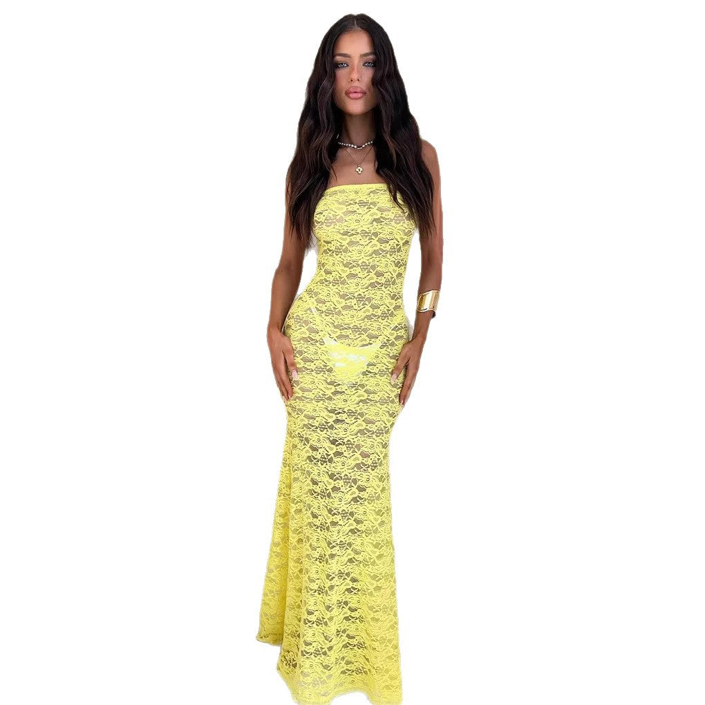 Damen Maxikleid Spitze Trägerlos Figurbetont