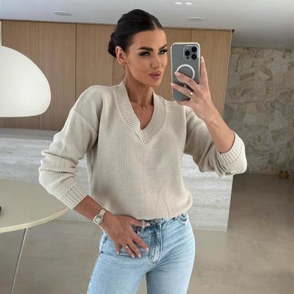 Damen Strickpullover V-Ausschnitt Strukturiert Beige