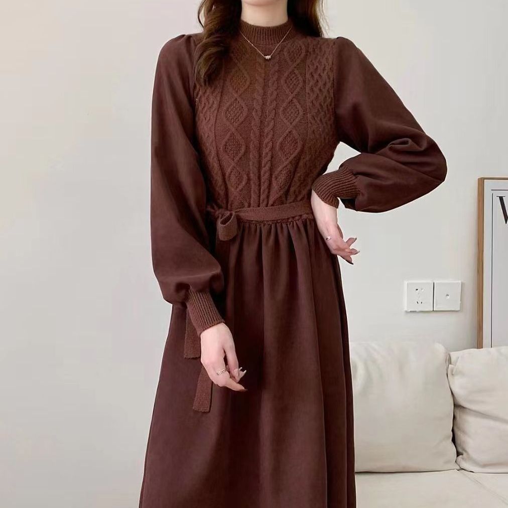 Damen Strickkleid Voluminöse Ärmel Strukturiert Beige