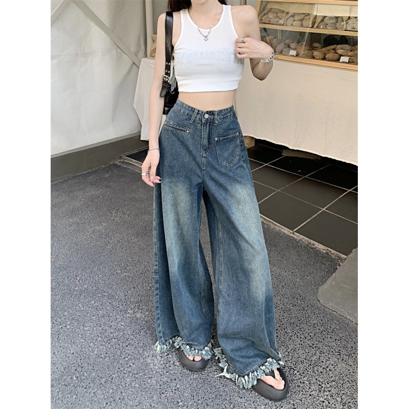 Damen Weite Jeanshose Fransiger Saum Norvielle