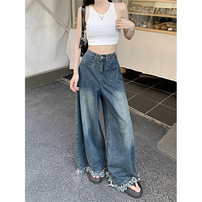 Damen Weite Jeanshose Fransiger Saum Norvielle