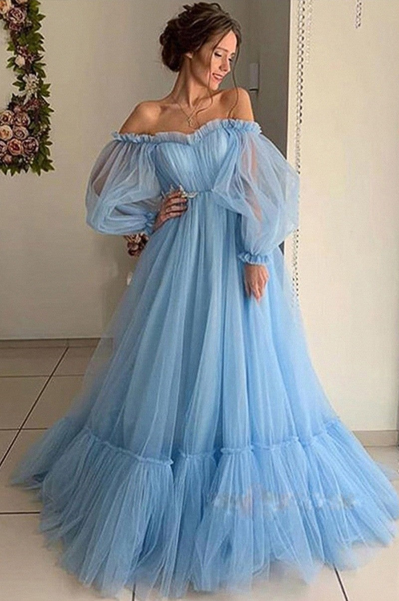 Damen Abendkleid Tüll Schulterfrei Voluminöse Ärmel Norvielle