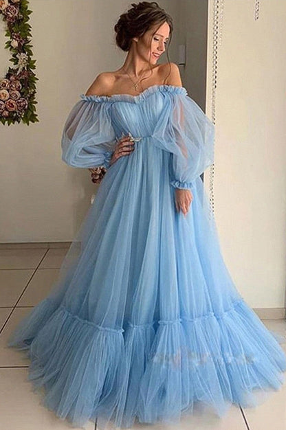 Damen Abendkleid Tüll Schulterfrei Voluminöse Ärmel Norvielle