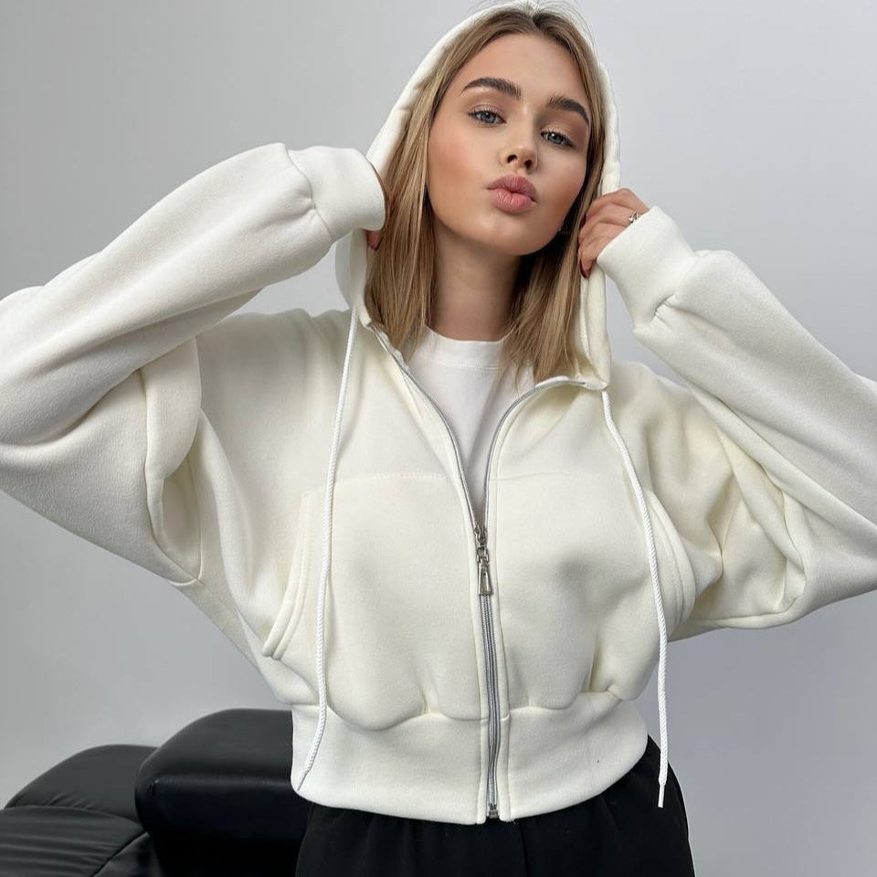 Damen Hoodie Oversized Cropped Mit Reißverschluss Schwarz Norvielle - Norvielle