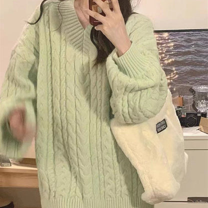 Damen Grobstrickpullover V-Ausschnitt Voluminöse Ärmel Norvielle
