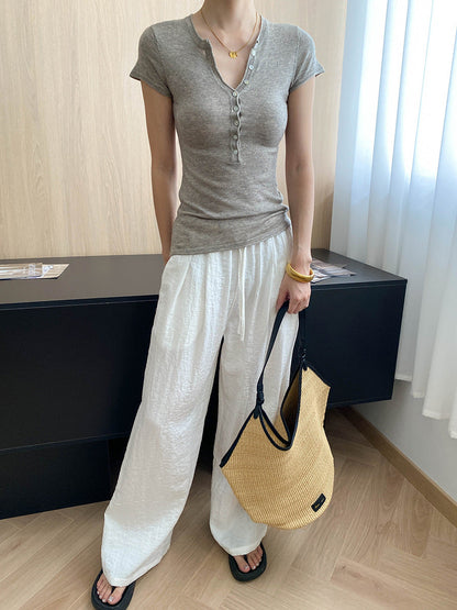 Damen Kurzarm Henley-Shirt Figurbetont Norvielle Baumwolle Weiß