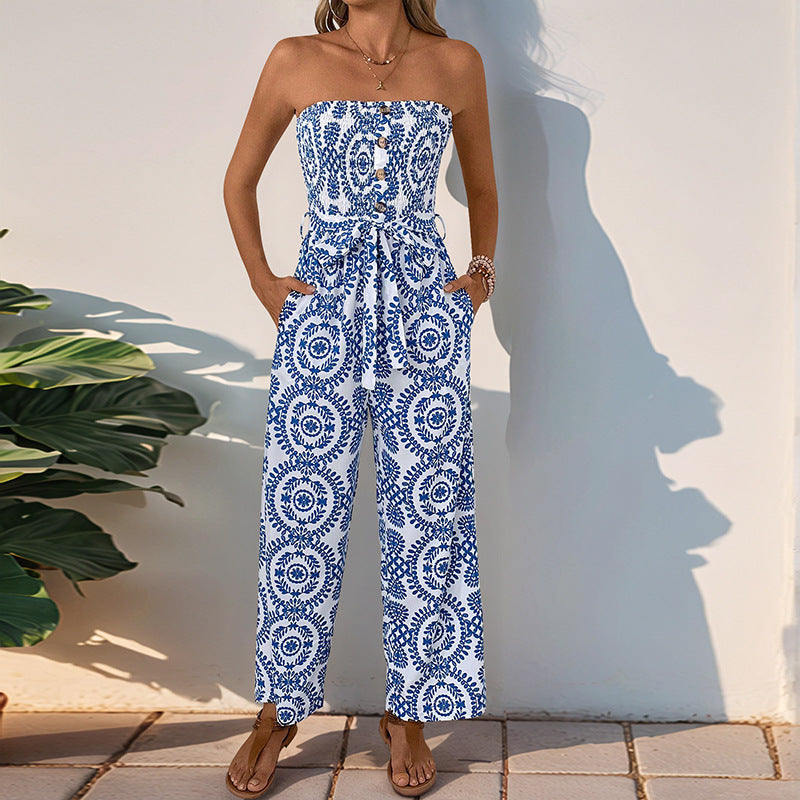Damen Jumpsuit Floralmuster Baumwolle Taillengürtel
