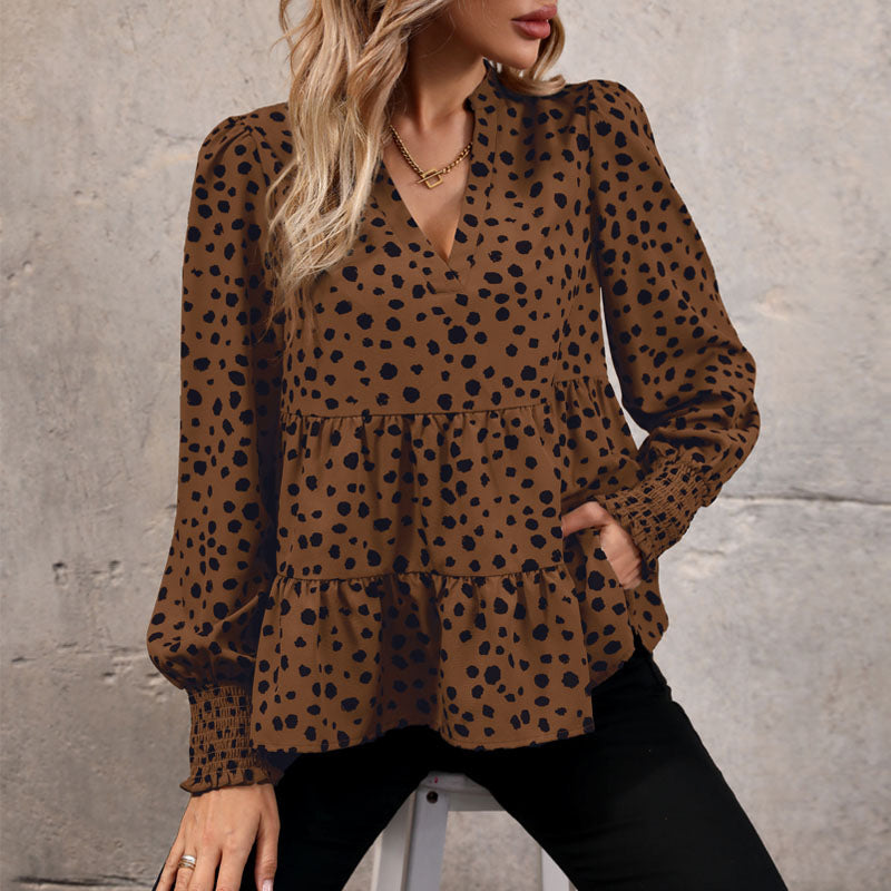 Damen Bluse aus Leinen mit Rüschendetails und Punkten Weiß