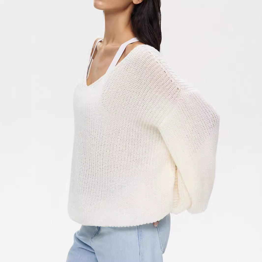 Damen Strickpullover V-Ausschnitt Voluminöse Ärmel Norvielle