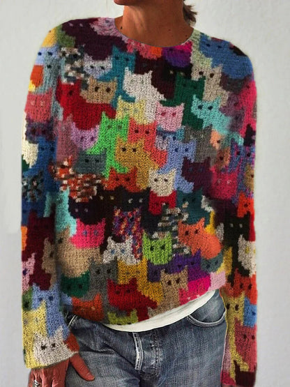 Damen Strickpullover Katzenmuster Norvielle