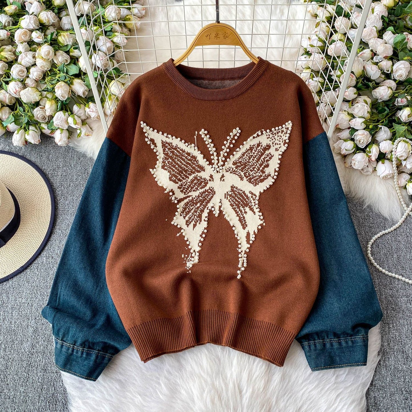 Damen Pullover Schmetterlingsmuster Denim Ärmel