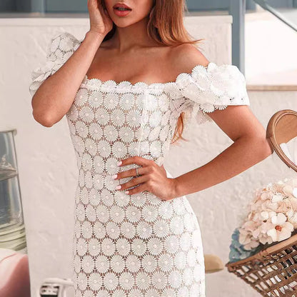 Damen Spitzenkleid Romantisch Blumenmuster Puffärmel