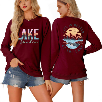 Damen Langarmshirt Lake-Motiv Leicht Lässig Weiß