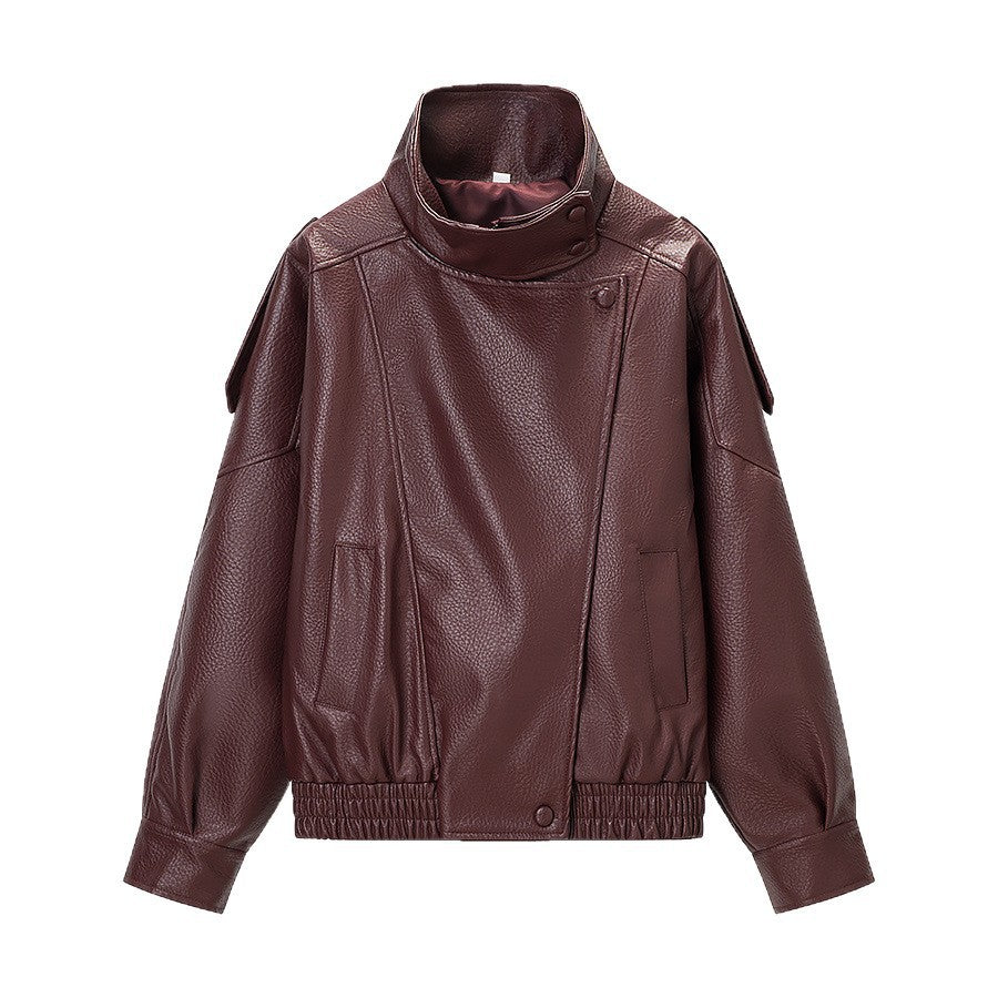 Damen Kunstlederjacke Hochkragen Praktische Taschen