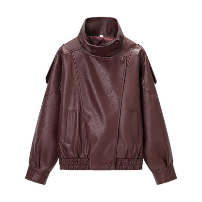 Damen Kunstlederjacke Hochkragen Praktische Taschen