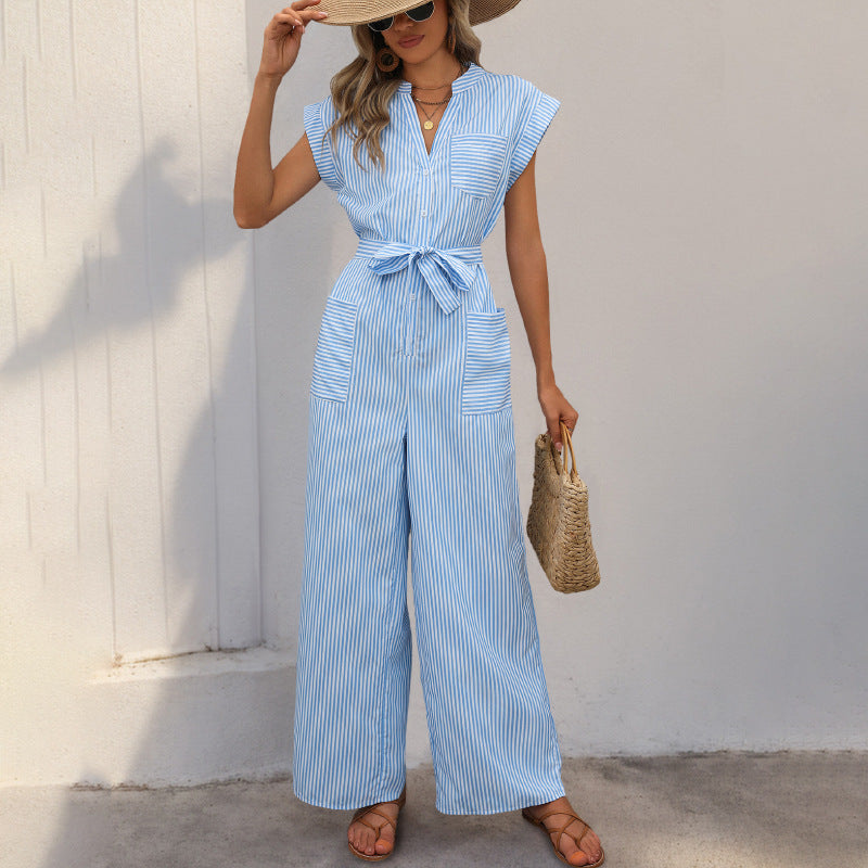 Damen Jumpsuit Taillierbarer Gurt Streifenmuster Norvielle