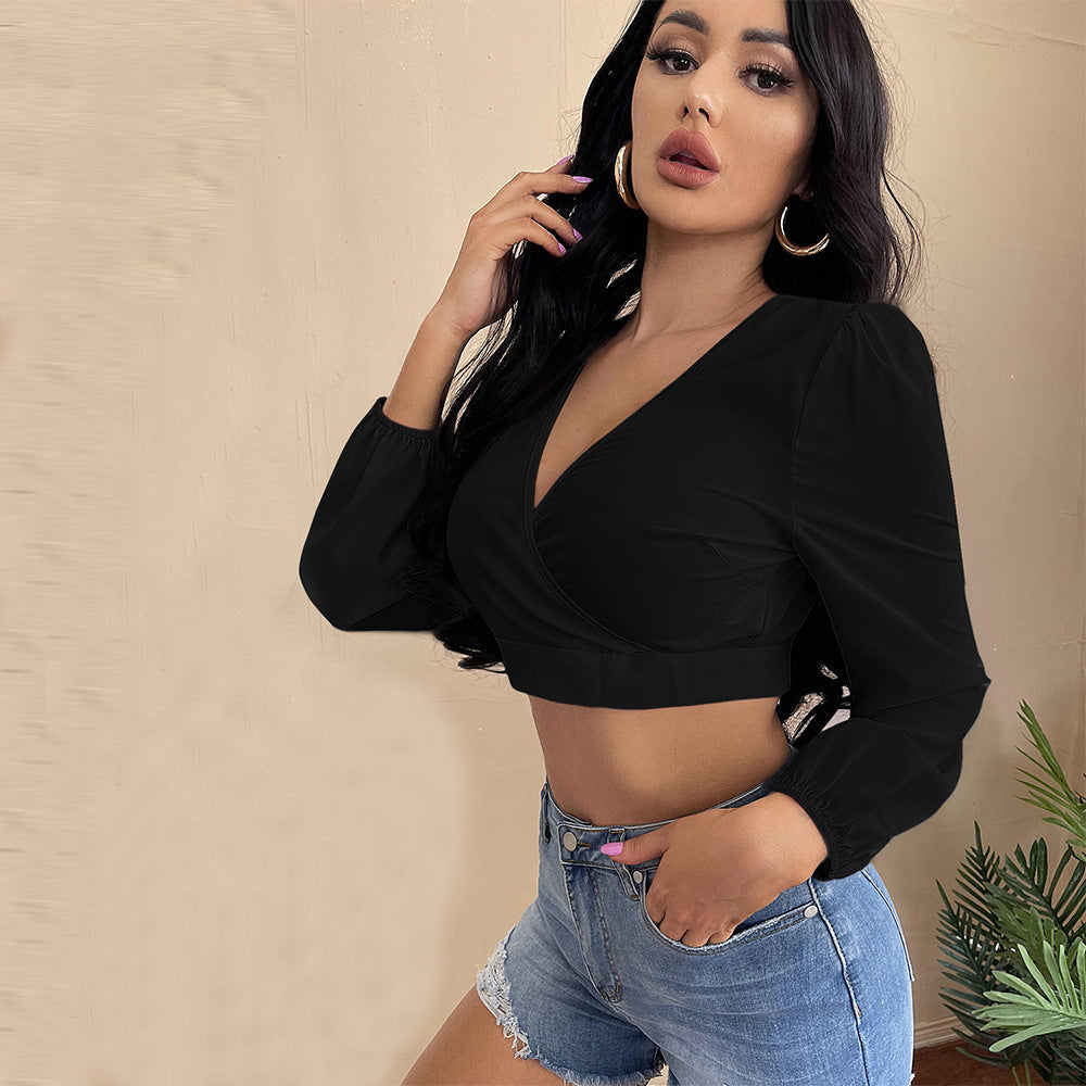 Damen Cropped Oberteil V-Ausschnitt Puffärmel Norvielle