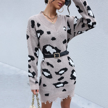 Damen Strickkleid Leopardenmuster Lässig