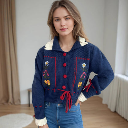 Damen Strickjacke Blumenstickerei Kordelzug Norvielle