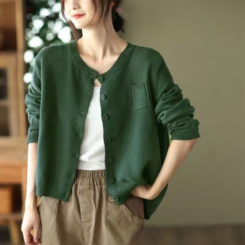 Damen Strickjacke Offene Front Dekorative Knöpfe Beige
