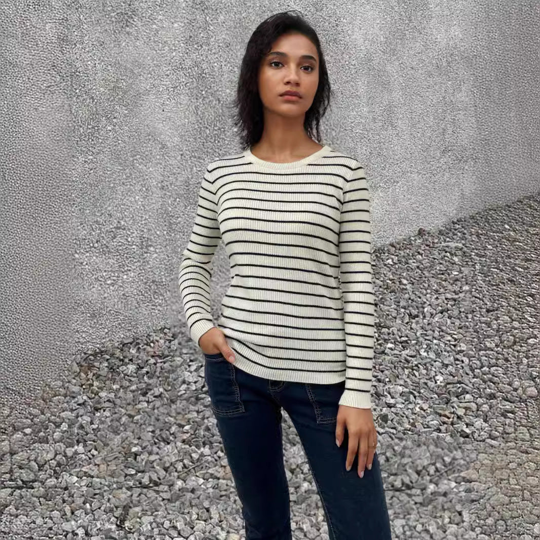 Damen Rippenpullover Gestreift Verlängerte Ärmel Norvielle