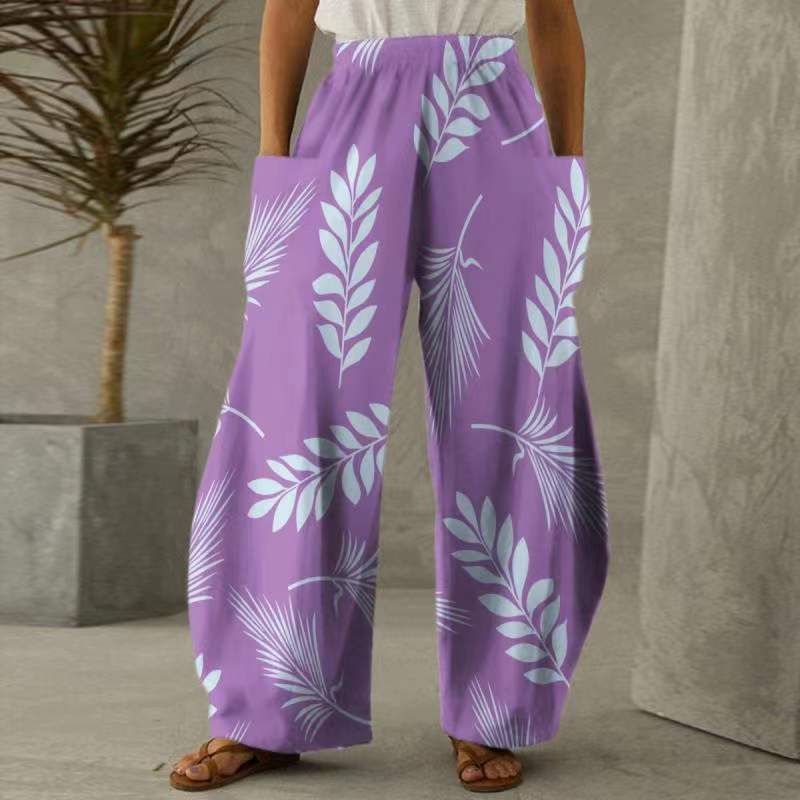 Damen Weite Blumenhosen Mit Taschen Elastischer Bund