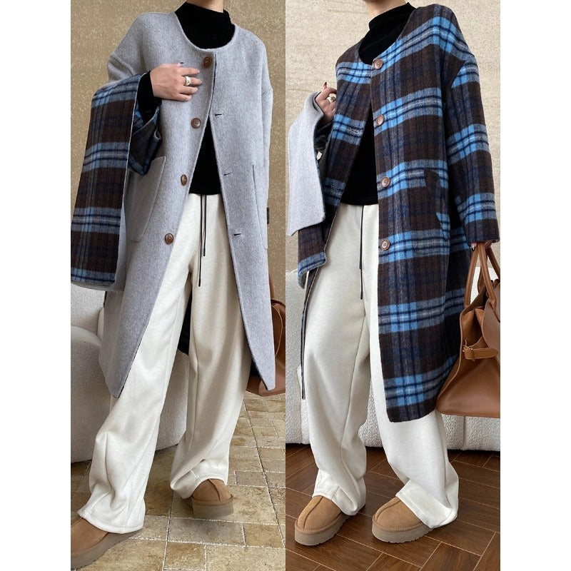 Damen Karierte Wolljacke Durchgehender Knopfverschluss Norvielle