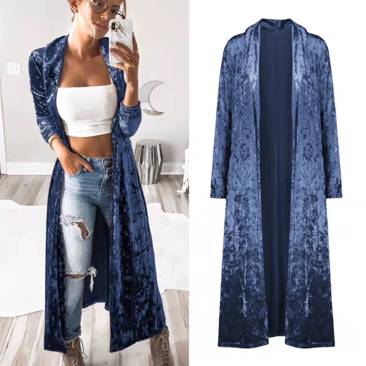 Damen Samt-Cardigan Offene Front Lässiger Schnitt Schwarz - Norvielle