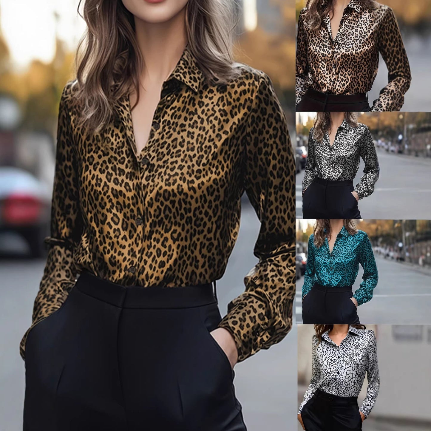 Damen Satinbluse Leo-Muster Schlank Schwarz - Norvielle