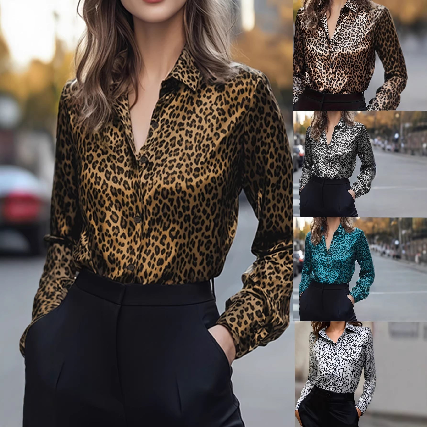 Damen Satinbluse Leo-Muster Schlank Schwarz - Norvielle