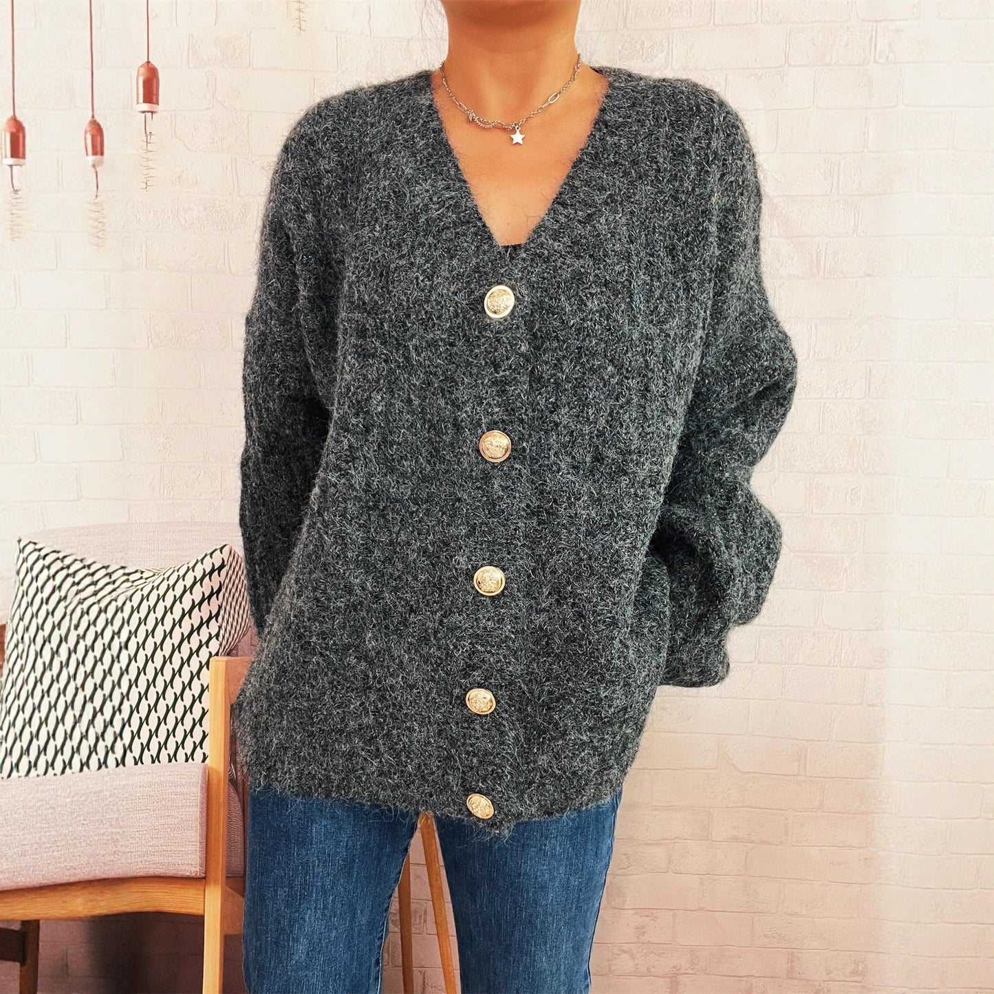 Damen Oversized Strickjacke Weiches Material Beige