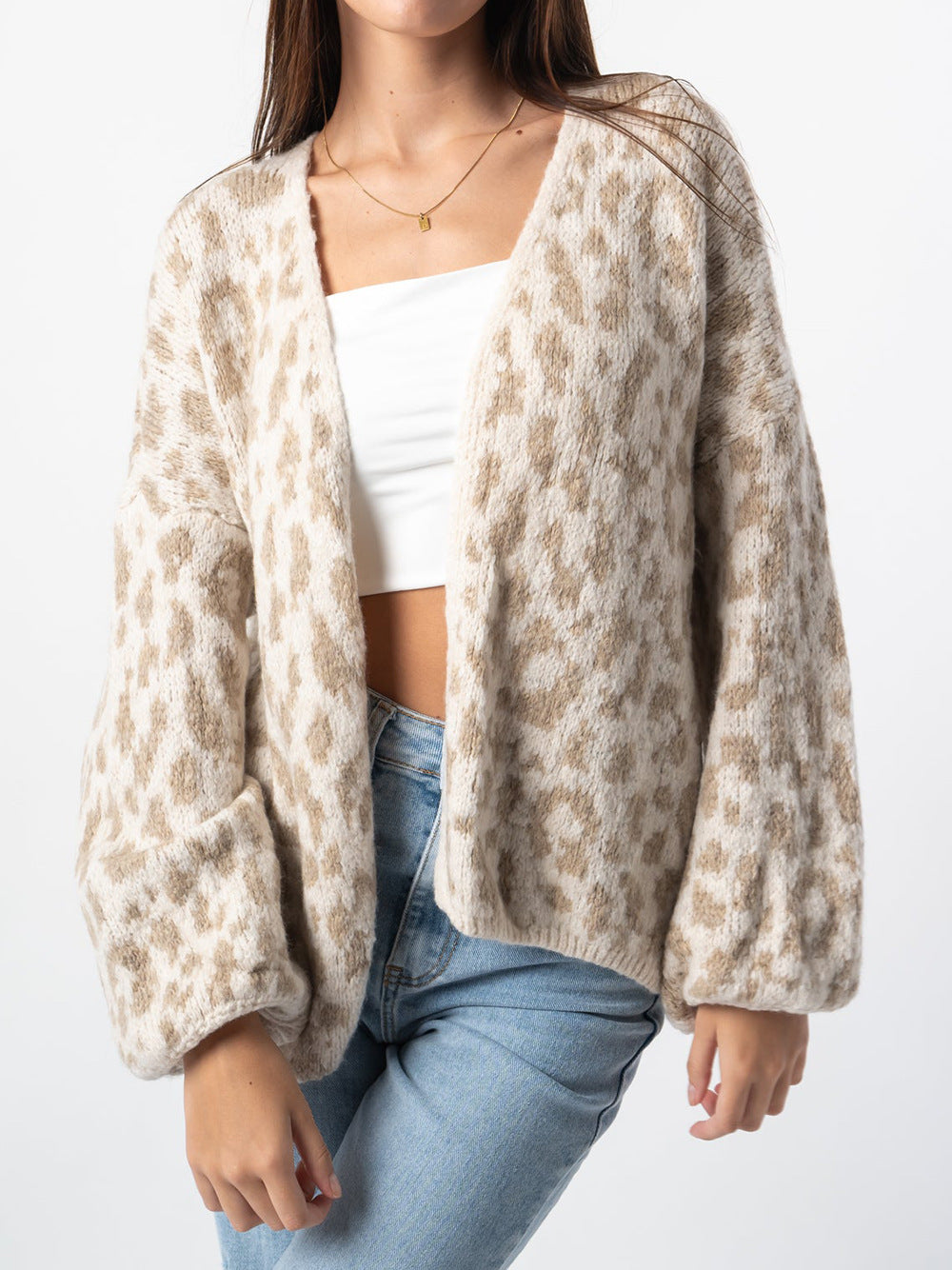 Damen Strickjacke Leopardenmuster Oversized Voluminöse Ärmel Norvielle