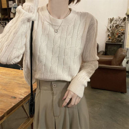 Damen Grobstrickpullover Strukturiertes Zopfmuster Lässiger Schnitt