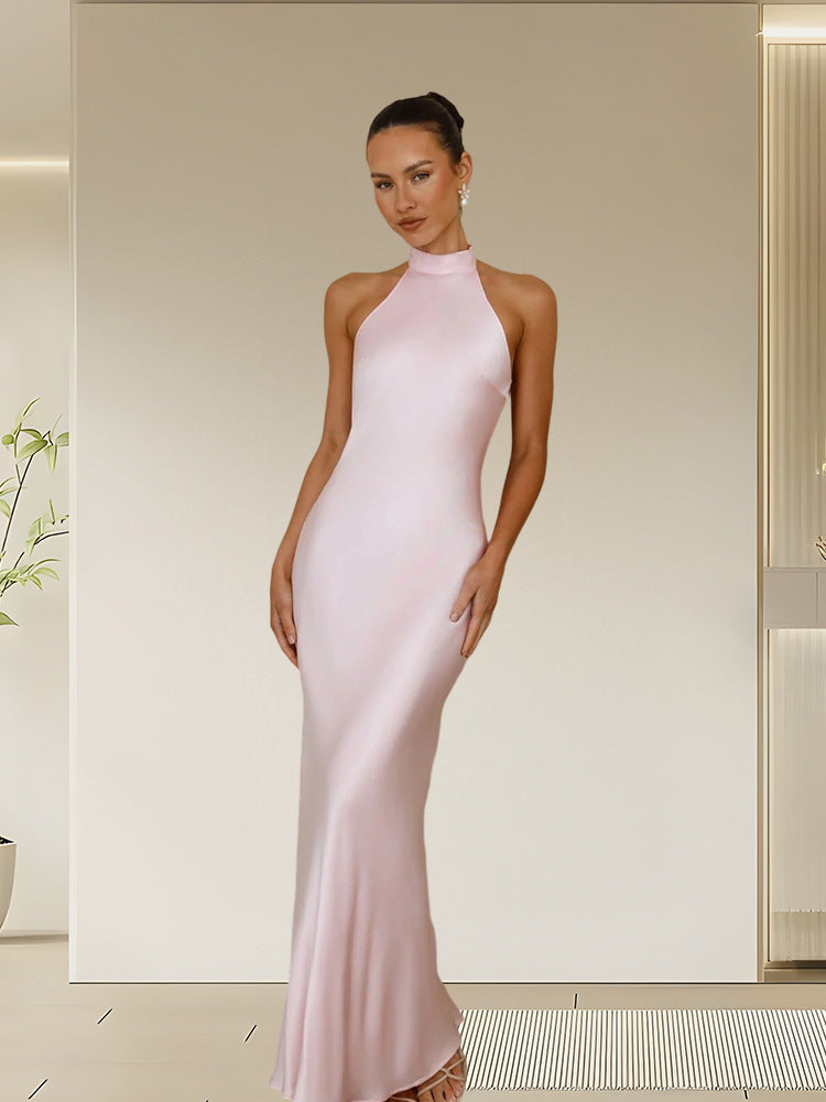 Damen Satin Maxikleid Hochkragen Körpernah Norvielle