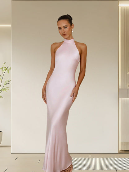 Damen Satin Maxikleid Hochkragen Körpernah Norvielle