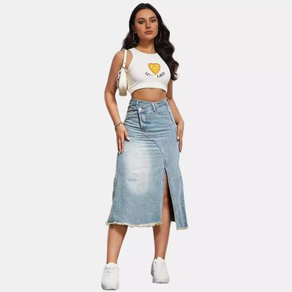 Damen Denim-Rock Asymmetrischer Schlitz Fransiger Saum