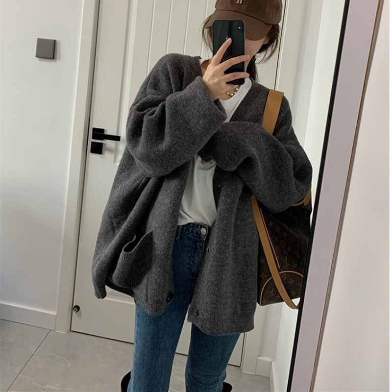 Damen Strickjacke Oversized V-Ausschnitt mit Taschen Beige