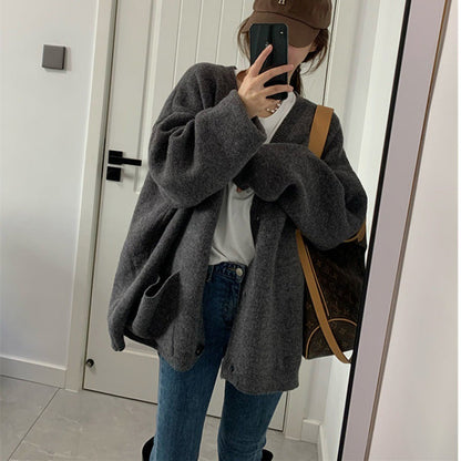 Damen Strickjacke Oversized V-Ausschnitt mit Taschen Beige