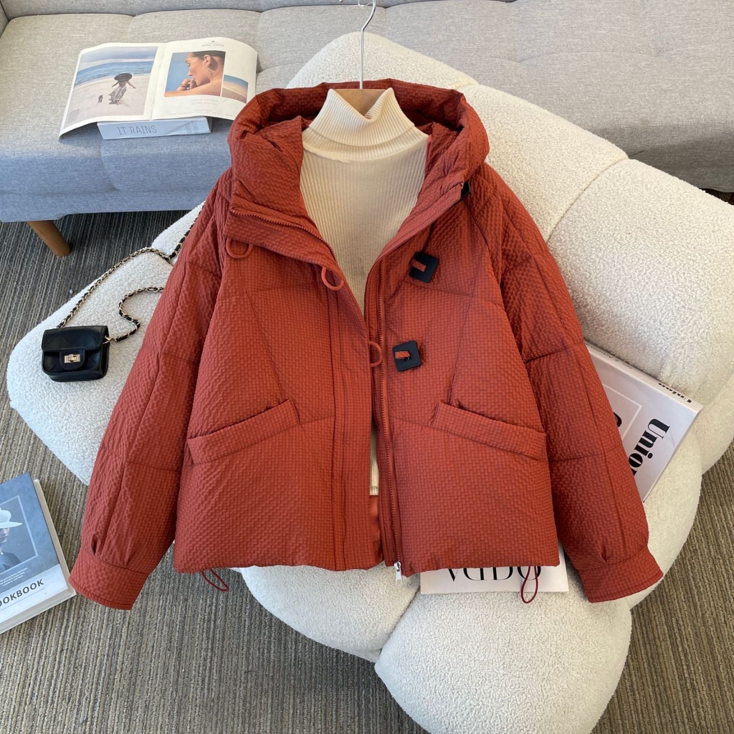 Damen Winterjacke Puffy Mit Kapuze Dekorative Knöpfe Norvielle