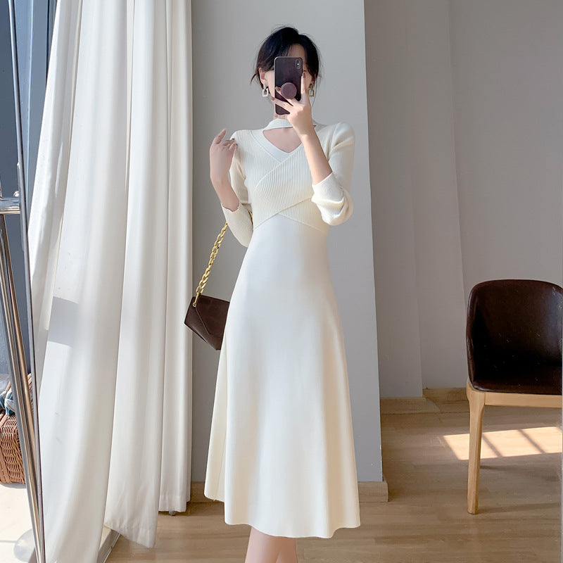 Damen Strickkleid Offene Schulter V-Ausschnitt Elegantes Design