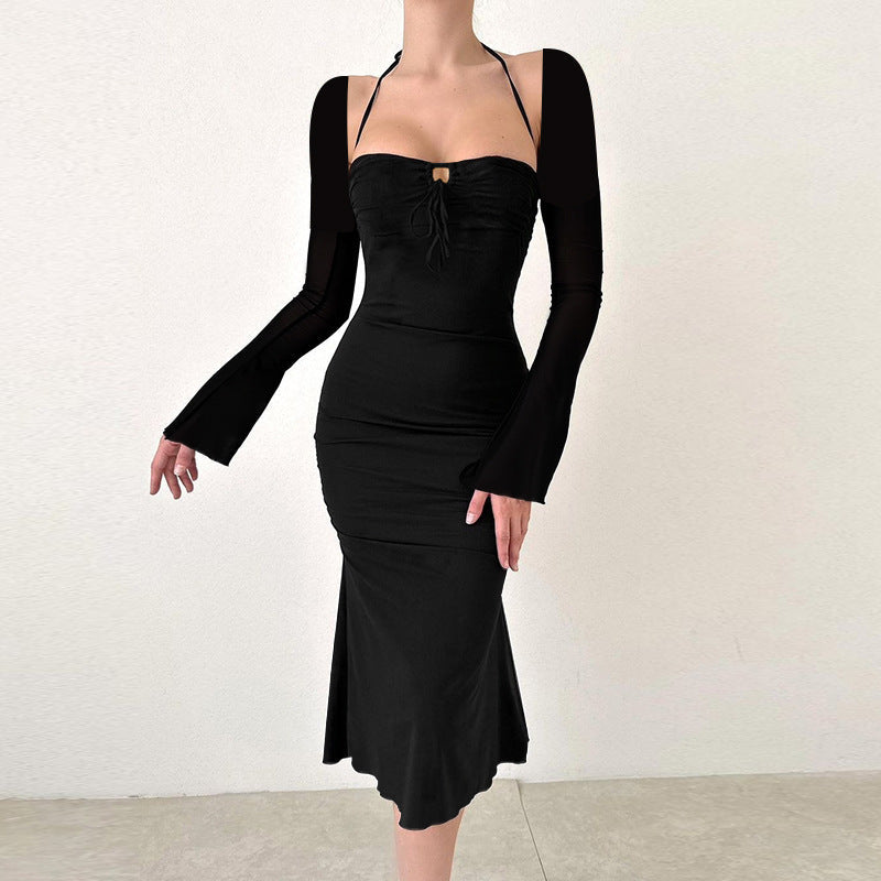 Damen Kleid Figurbetont Schmale Träger Flügelärmel Norvielle