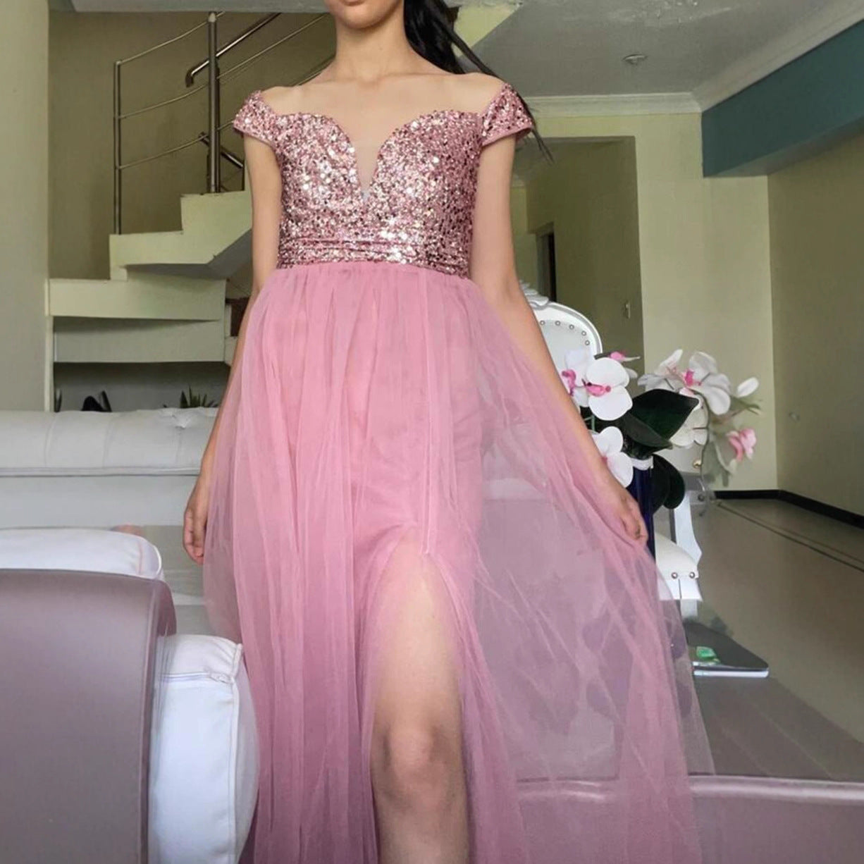 Damen Abendkleid Schimmerndes Oberteil Tüllrock