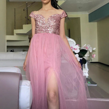 Damen Abendkleid Schimmerndes Oberteil Tüllrock